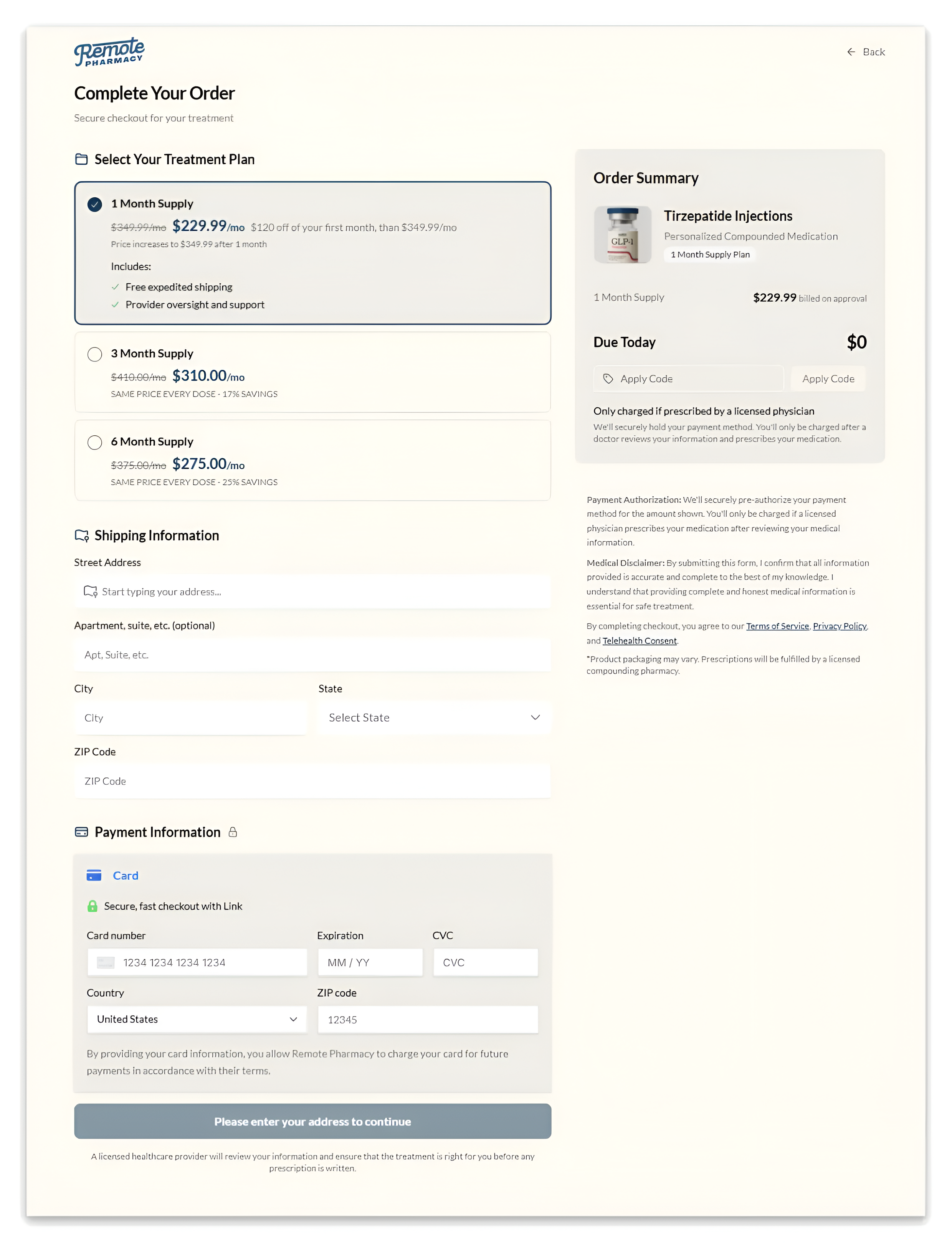 checkout page of Remote Pharmacy